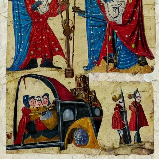 Image similar to medieval bus carrying jesters, collage