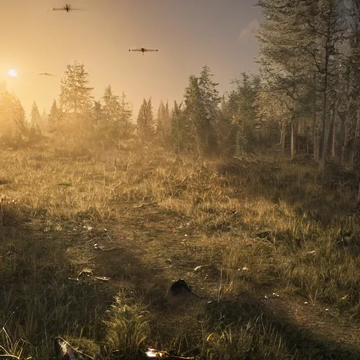 Image similar to war torn battlefield outside of a forest, crashed plane, dragon flies overhead, golden hour, ray tracing reflection, 8k, hyper realistic, insainly detailed, hdr, octan render,