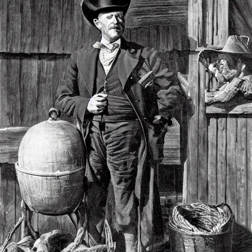 Prompt: alex jones as a 1 9 th century traveling medicine salesman wearing a top hat, selling purported miracle tonics out of a chuckwagon, western art by howard terpning