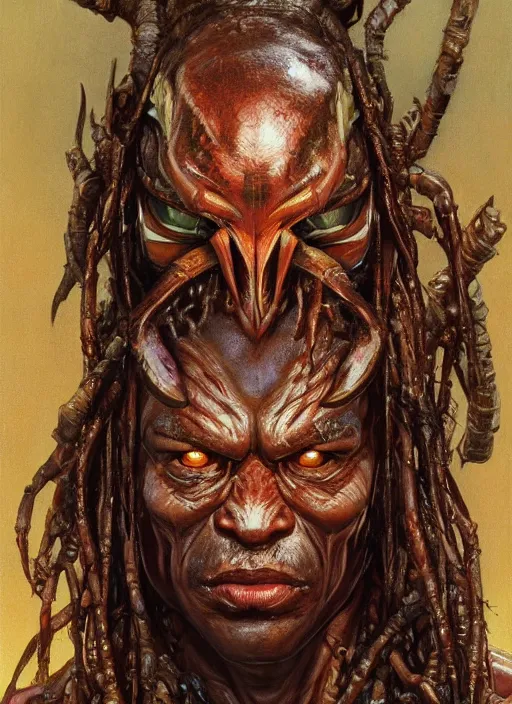 Image similar to portrait of The Predator (1987), highly detailed, centered, solid color background, digital painting, artstation, concept art, smooth, sharp focus, illustration, donato giancola, Joseph Christian Leyendecker, Les Edwards, Ed Repka, WLOP