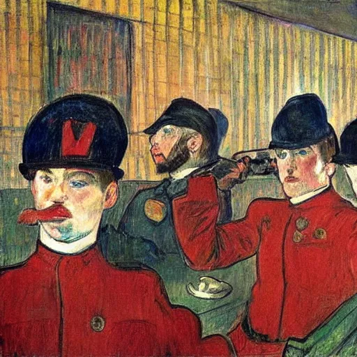 Image similar to modern red berets soldiers inside of a pub, painting by toulouse - lautrec, soldiers wearing tactical clothing, 2 1 st century, cinematic, award winning