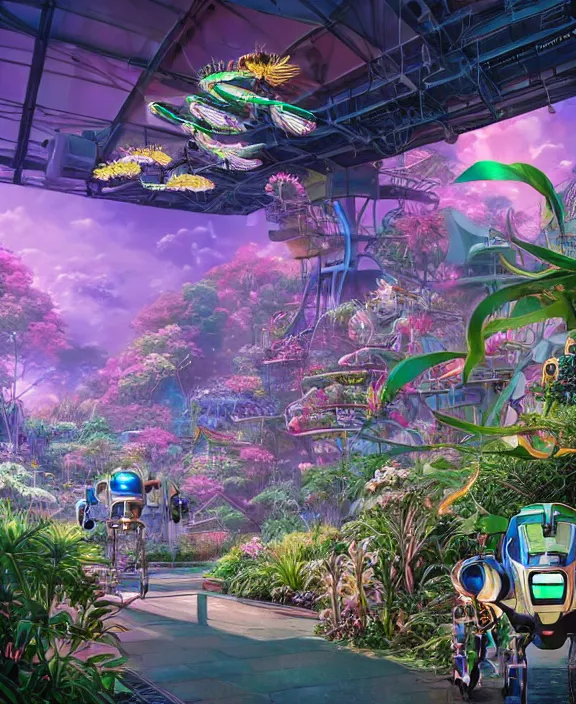 Image similar to an amusement park made out of isopod dragonflies, in the style of an seamless robot, overgrown with orchids, partly cloudy, somber, dramatic lighting, by dan mumford, yusuke murata, makoto shinkai, ross tran, cinematic, unreal engine, cel shaded, featured on artstation, pixiv