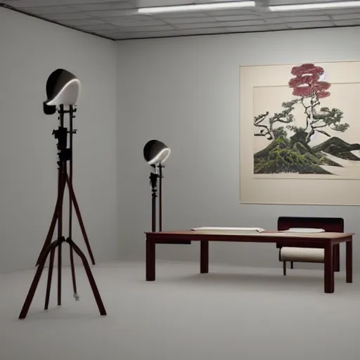 Prompt: still photo of a japanese art room, highly detailed, photorealistic portrait, bright studio setting, studio lighting, crisp quality and light reflections, unreal engine 5 quality render