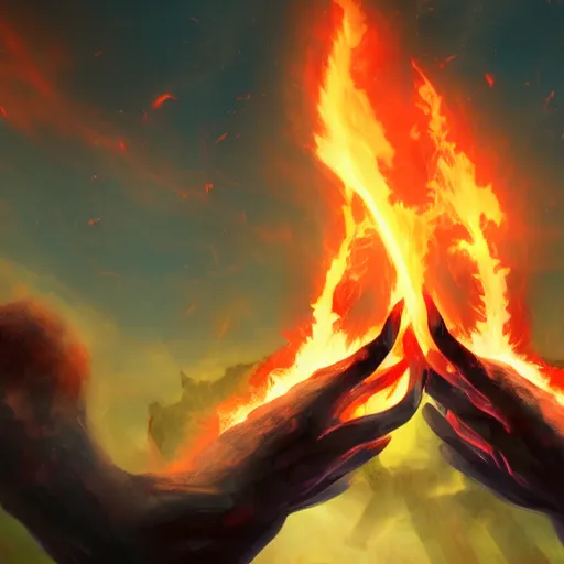 Prompt: two demonic hands hold the earth, flames in the background, artstation