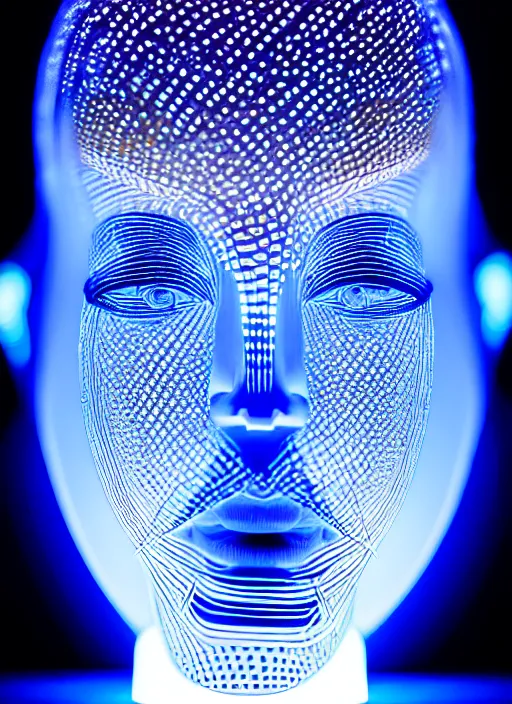 Image similar to ( beautiful female queen chess piece ( top is bioluminescence ) ( bottom is parametric ) ), beautiful face, reflection of led lights, algorithmic, intricate detail, futuristic, very detailed, highly detailed background, sharpfocus, photorealism, soft diffuse autumn lights, some sun light ray, dark room wall, canon 5 d 5 0 mm lens