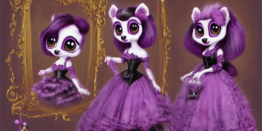 Prompt: 3 d purple littlest pet shop purple raccoon, vintage gothic gown, gumball machine, real fur, smiling, lace, master painter and art style of noel coypel, art of emile eisman - semenowsky, art of edouard bisson