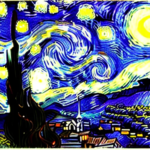 Prompt: starry night but with a sci-fi theme