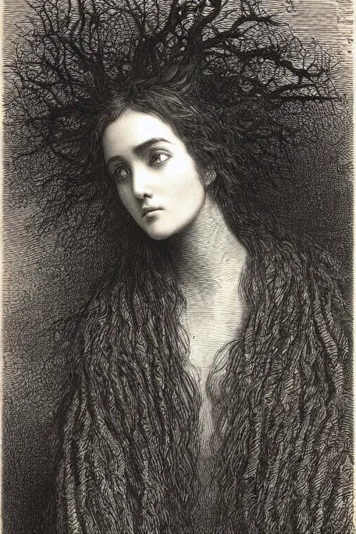 Image similar to extreme close-up, hair fully covers a woman\'s face, forest background, Gustave Dore lithography