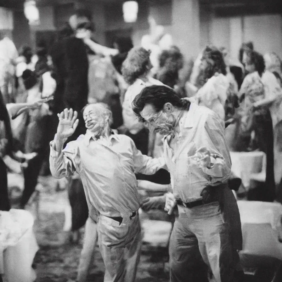 Prompt: 7 0 s movie still of an old man drowning in a soviet ballroom with multiple hands on the floor, cinestill 8 0 0 t 3 5 mm, heavy grain, high quality, high detail