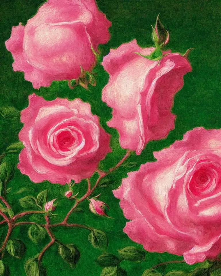 Prompt: achingly beautiful extreme close up painting of blooming pink rose on green background by rene magritte, monet, and turner. piranesi. macro lens, symmetry, circular.