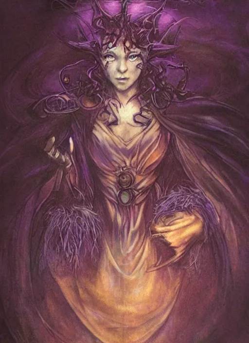 Image similar to portrait of young female sorceress of the endtimes, beautiful! coherent! dungeons and dragons character, by brian froud, strong line, night color, high contrast