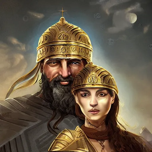 Prompt: young ancient greek woman in golden helmet, giant grey-haired bearded male face in the sky, epic fantasy style art, fantasy epic digital art