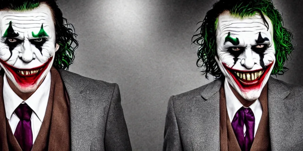 Prompt: joker wearing a suit style, photograph, grinning, creepy,