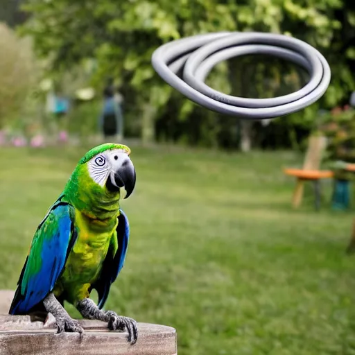 Image similar to a parrot drinking a beer from a garden hose,