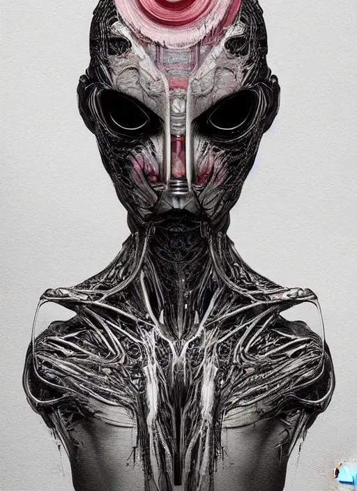 Image similar to a dream portrait of a anthropomorchic robot with half skin, black & white, melting, webbing, 8 k, by tristan eaton, stanley artgerm, tom bagshaw, greg rutkowski, carne griffiths, ayami kojima, beksinski, giger, trending on deviantart, face enhance, hyper detailed, minimalist, horror, alien