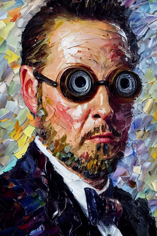 Image similar to palette knife oil painting portrait of graham, a fellow in a three - piece suit and monocle, peering over from his heavy, lacquered oak reception desk, extreme detail, artstation trending, artgerm, any racial background, deviant art, octane, substance, art history 8 k