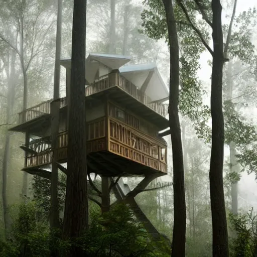 Prompt: high detail tree house in the middle of the forest with fog