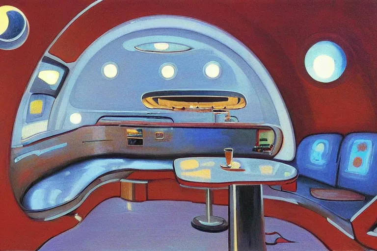 Image similar to coffee shop in a spaceship by robert theodore mccall