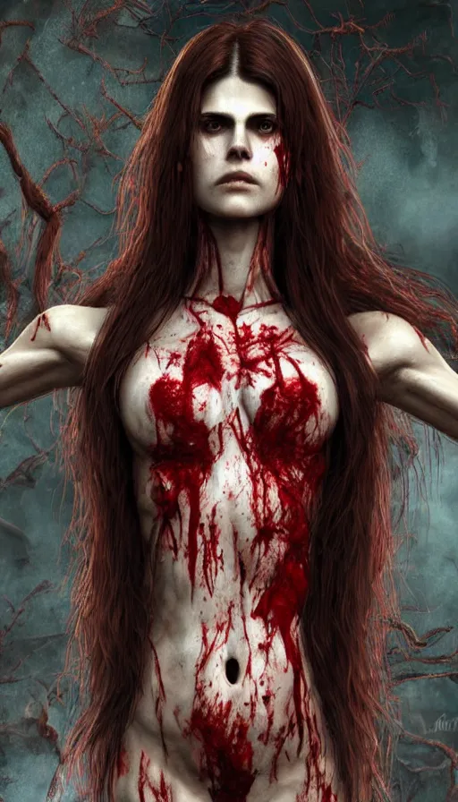 Image similar to woman skeleton body!!, black bones!!, covered with blood, alexandra daddario face!!, long red hair, ultra realistic, concept art, intricate details, highly detailed, photorealistic, octane render, 8 k, unreal engine. retro film still, heavy grain, 3 5 mm, art by artgerm and greg rutkowski and alphonse mucha