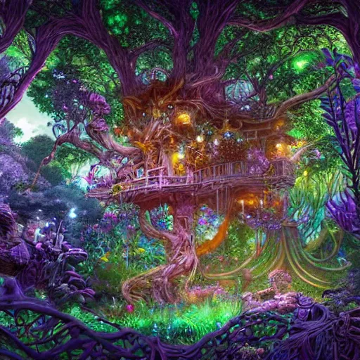 Image similar to an elaborate treehouse overgrown by bioluminescent, purple, blue, glowing plants, an ultrafine hyperdetailed illustration by kim jung gi, irakli nadar, intricate linework, bright colors, octopath traveler, final fantasy, unreal engine 5 highly rendered, global illumination, radiant light, detailed and intricate environment