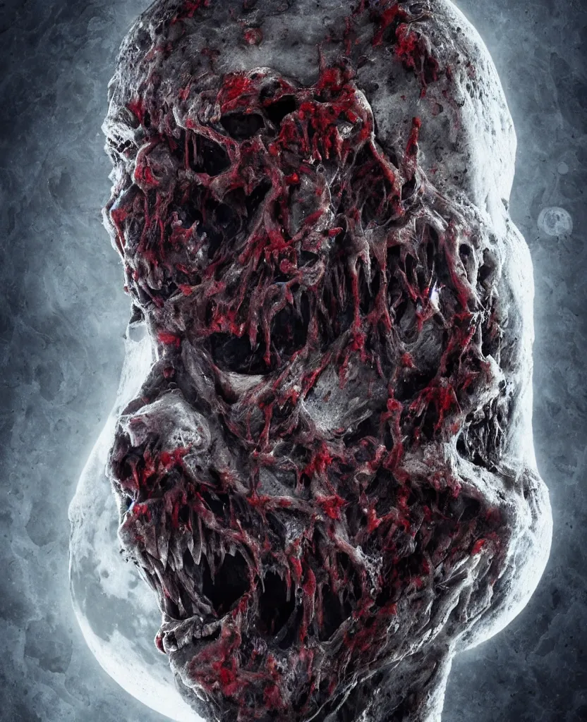 Image similar to moon made from thousands of rotten demonic bloody corpses of Nicolas Cage, body horror, flesh, blood, grotesque hell, highly detailed, vivid colors, dark shadows, contrast, concept art, sharp focus, digital art, Hyper-realistic, 4K, Unreal Engine, Highly Detailed, Dramatic Lighting, Beautiful, by Brom, bastien lecouffe-deharme