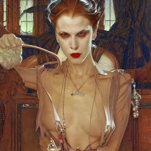 Image similar to portrait of an urban female vampire, with an unusual sense of fashion, by donato giancola and norman rockwell.