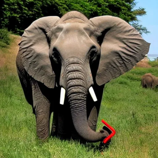 Prompt: an elephant is drinking from a straw into a can of red bull that is 4 0 feet tall