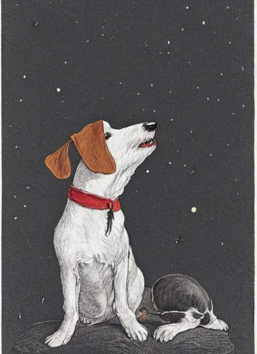 Prompt: candid portrait of jack russel dog sad mouth open, night sky, highly detailed, side view, illustrated by peggy fortnum and beatrix potter and sir john tenniel