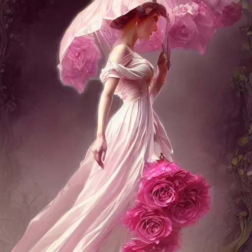 Prompt: very beautiful woman dressed in a vaporous wrapped large victorian pink roses silk semi-transparent dress fashion is running, fantasy, intricate, elegant, highly detailed, digital painting, trending on artstation, concept art, matte, sharp focus, illustration, art by Artgerm and Greg Rutkowski and Alphonse Mucha