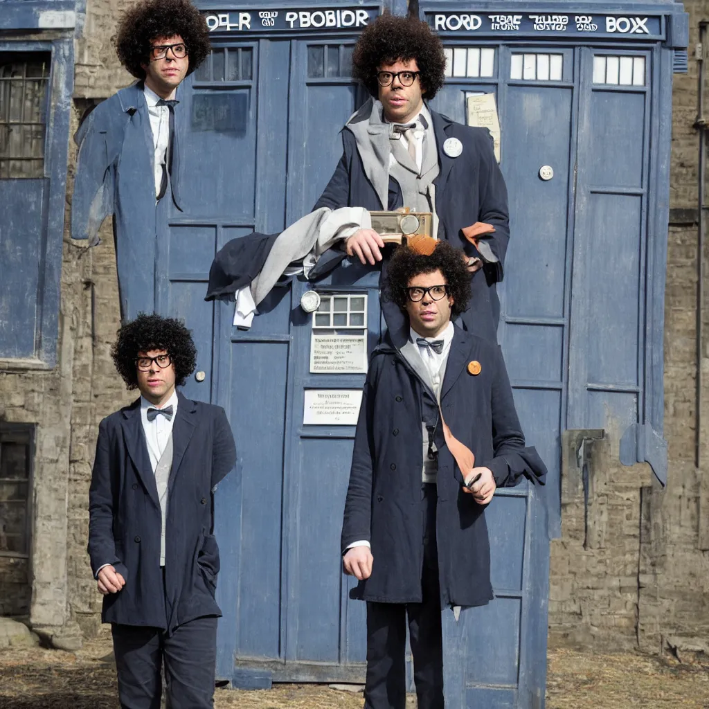 Image similar to Richard Ayoade as the Doctor, in front of the TARDIS