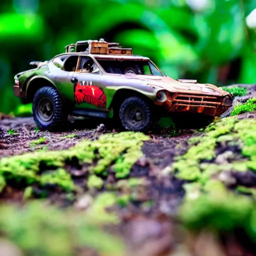 Image similar to 3 5 mm photo of militar car like hot wheels model in jungle as background, on an very epic cinematic