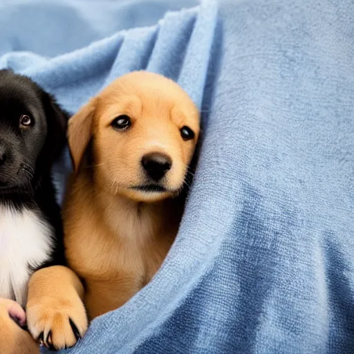 Image similar to two puppies fighting under a blanket