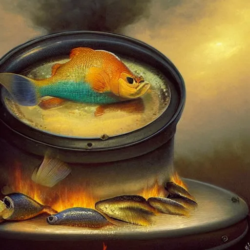 Image similar to a worried fish on the top of a pile of fish, all the fish are inside a cooking pot on the fire, side view, by vladimir kush, dystopian art, rococo