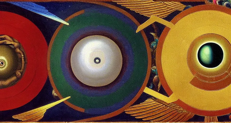 Image similar to painting of rainbow ophanim surrounded by large diagonally rotating rings, ophanim has bird wings, giant eyeball in the middle of the ophanim, by roberto. ferri, sandro botticelli, by caravaggio, by alexandre cabanel, by george clark stanton, amazing details, mythological, biblical, beautiful composition