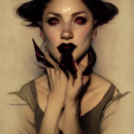 Prompt: portrait of a beautiful vampire by Stanley Artgerm Lau , greg rutkowski, thomas kindkade, alphonse mucha, loish, norman rockwell, J. C. Leyendecker. Trending on artstation rule of thirds detailed illustration hd 4k