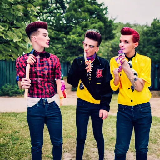 Image similar to three male teens wearing rockabilly outfits and eating yellow popsicles while looking around painting 8 k