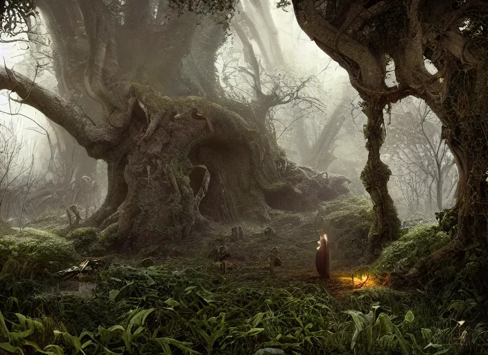 Image similar to secret garden, odd looking creatures, spooky, dark, in the style of pan's labyrinth movie, concept art, unreal engine 5, matte painting, artstation, caspar friedrich, wlop