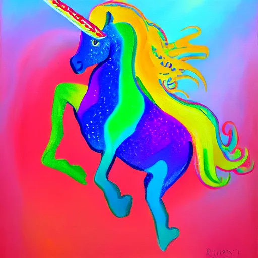 Prompt: a painting of donald trump riding a rainbow unicorn