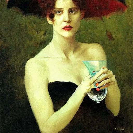 Image similar to portrait of a mysterious woman holding a martini, by Ilya Repin and Dave McKean