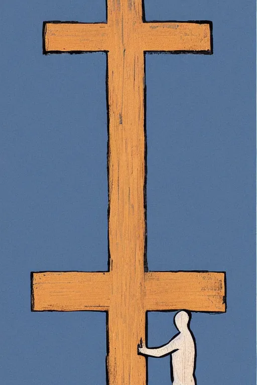 Image similar to man kneeling at the base of a wooden cross, 1960’s minimalist advertising illustration, painterly