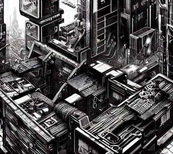 Image similar to a black and white illustration of a cyberpunk epic Friday night firefight in the style of MC Escher, Night City, cyberpunk 2077, 1979 OMNI Magazine Cover, very very coherent, street level neo-Tokyo in Cyberpunk 2045, 4k, 8k, HD, trending on artstation
