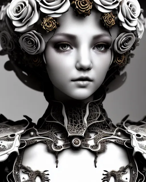 Image similar to bw dreamy close - up profile face, beautiful young porcelain intricate steampunk bio - mechanical vegetal - dragon - cyborg - female, white roses ornate metallic armour, white fluffy feathers, fine mandelbrot fractal lace, 1 5 0 mm, soft rim light, elegant, hyper real, ultra detailed, octane render, hg giger, 1 6 k