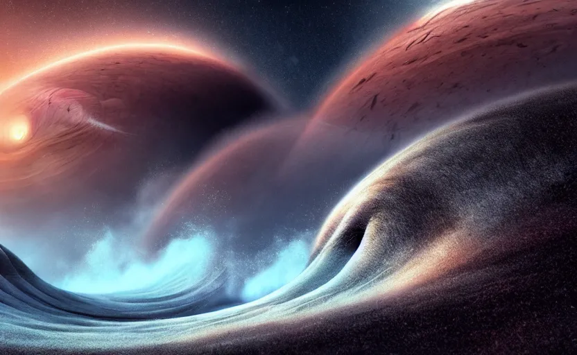 Prompt: a scene from the movie interstellar, giant wave on another world, anime scenery, digital art, 4k