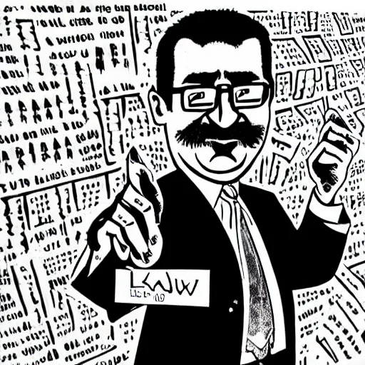 Prompt: a line - traced photograph of lalo alcaraz, wearing a business suit, holding a sign with i'm kwel! written on it, mad magazine, heavy metal magazine, casagrandes, tonal, detail, elaborate, drawing, chinese caligraphy, black ink on white paper