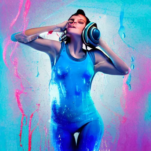 Image similar to dripping electrical blue paint across the shape of a female human body dancing and listening to music with headphones, realistic , high detail, on a clear white background