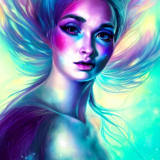 Image similar to a galaxy pink purple and blue colored, psychedelic ethereal portrait, kim petras with her eyes closed, transcending to a higher plane of existence, eternal blessing, multiverse, by android jones, by ben ridgeway, visionary art, by artgerm, featured on artstation, cgsociety, by greg rutkowski