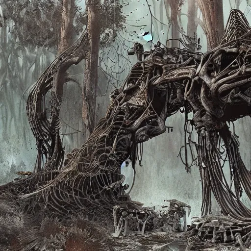 Prompt: exotic forest of bones and spiderwebs, post apocalyptic, hyper detailed