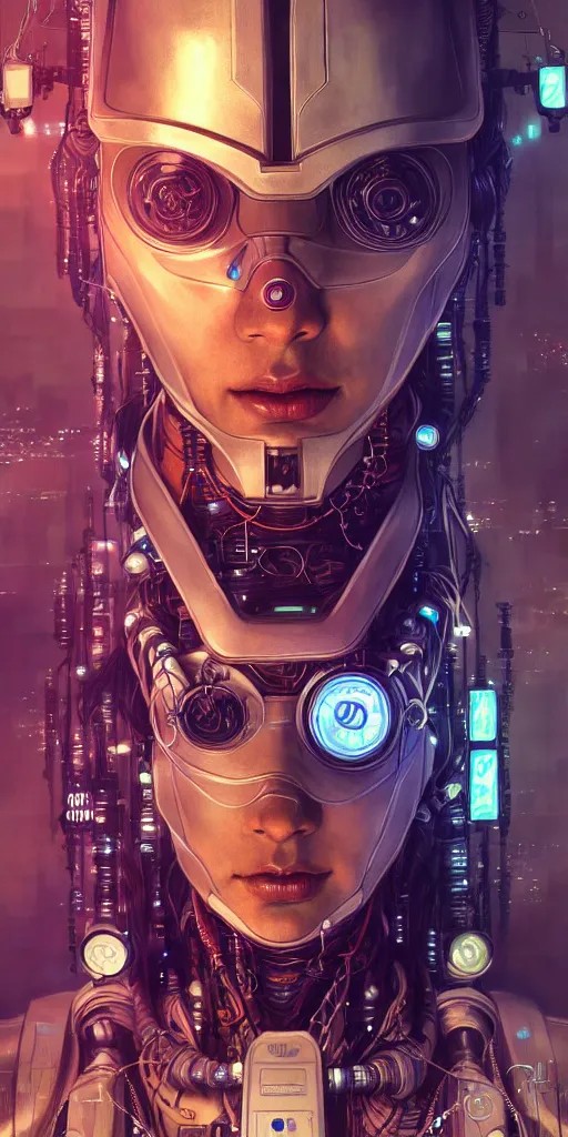 Prompt: ultra detailed photorealistic cyberpunk portrait, poster, sci fi, cybernetic, wires, robotics, futuristic decor, by alfons maria mucha, ultra realistic illustration, high detailed, 4 k, hd, high quality