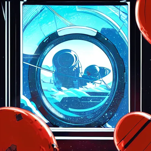 Prompt: view of an alien planet from the window of a space station, highly detailed, smooth, sharp focus, high contrast, bold warm and cool colours, graphic novel, art by laurie greasley and pepe larraz,