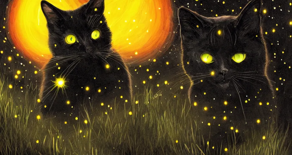 Image similar to black cat with glowing eyes walking around in a very dark open field at midnight with fireflies in the air and lots of stars in the sky, digital painting, highly detailed, magical, beautiful